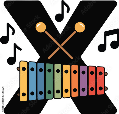 Letter X Xylophone Musical Alphabet Design with Mallets and Notes Illustration for Education