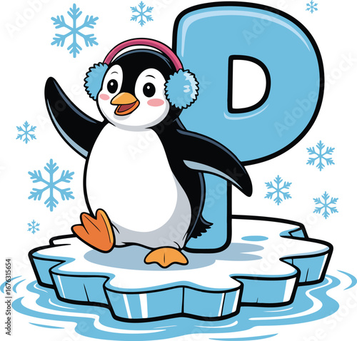 Penguin with Letter P on Iceberg Illustration for Alphabet Learning and Winter Season