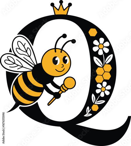 Queen Bee Letter Q with Honeycomb and Flowers for Educational Alphabet Learning Design