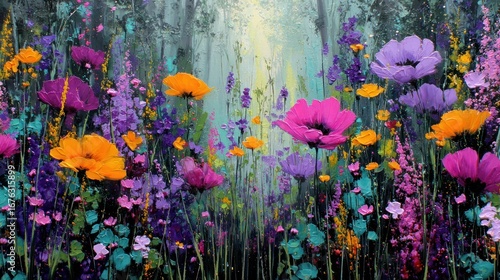 A vibrant, colorful portrayal of wildflowers in a sunlit forest setting, featuring bold strokes and expressive textures.
