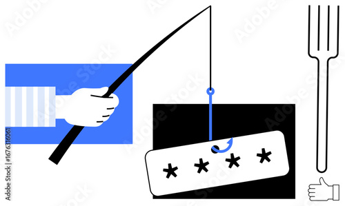 Fishing rod with password tag hooked, striped sleeve, and fork in minimalistic style. Ideal for cybersecurity, phishing awareness, data protection, password safety, internet fraud, hacking