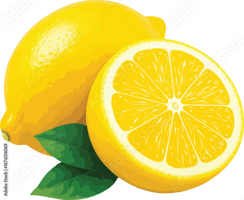 Yellow Lemon Fruit with Cut Slice and Green Leaves