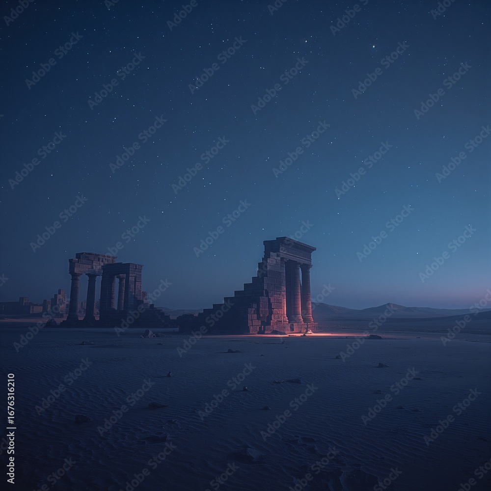 Fototapeta premium Ancient ruins stand silhouetted against a starry night sky in a vast desert landscape evoking mystery and wonder under the celestial expanse of the heavens above