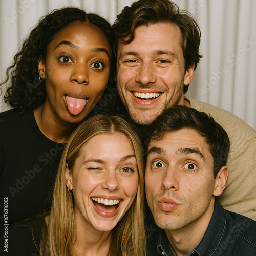 Group of friends making funny faces in a photo booth session  