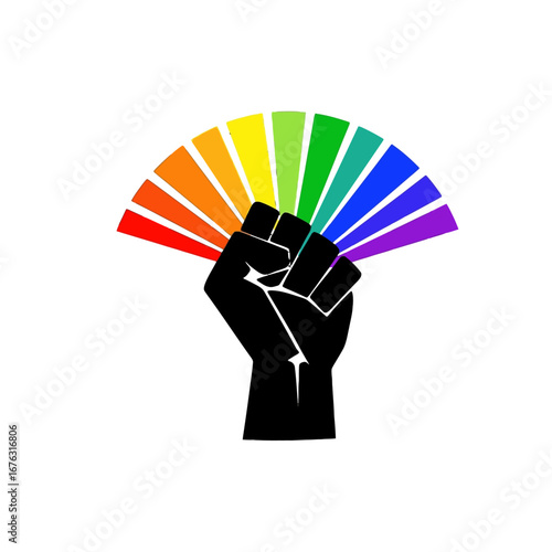 Black raised fist and rainbow stripes for LGBTQ+ pride, social justice, equality.