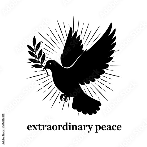 Black silhouette of a flying dove with an olive branch, symbolizing peace, hope, and spirituality, set against radiating light rays. Perfect for conveying serenity and unity.