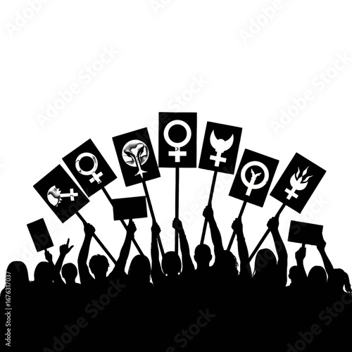 Silhouettes of women at a protest, advocating for feminism and gender equality.