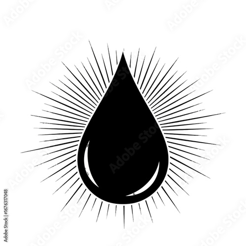 Minimalist black droplet with radiating lines. Symbolizes purity, energy, or essential liquids.