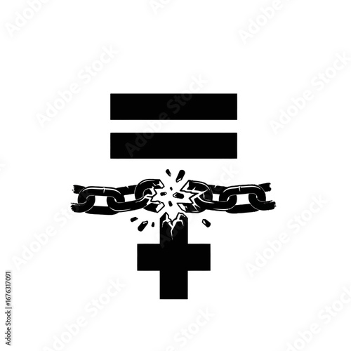 Powerful black and white symbol of breaking free from oppression to achieve equality and positive change, minimalist style.