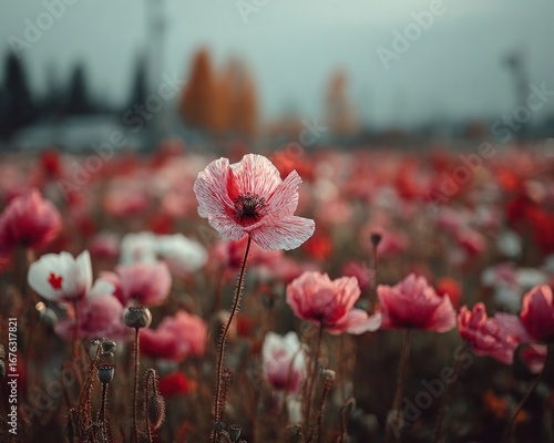 Canadian flag in a blooming field of poppies, visual tribute for Remembrance Day and military service