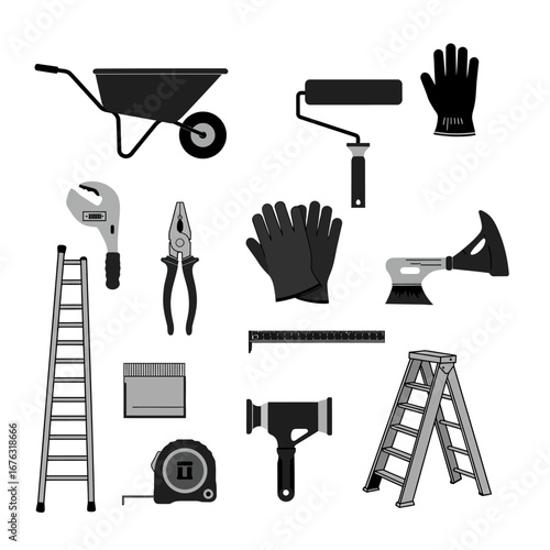 This clean monochrome vector illustration displays a comprehensive collection of essential tools for construction, home improvement, and DIY tasks.