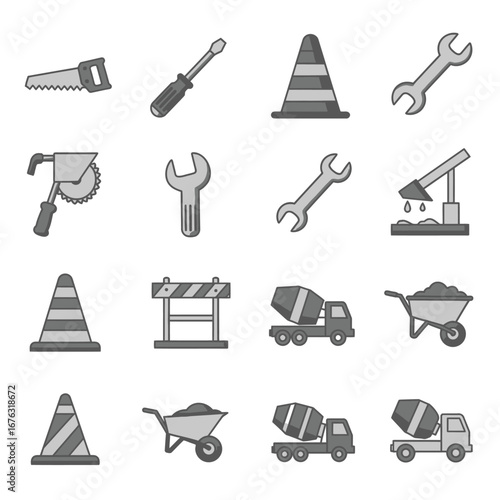 A comprehensive collection of essential construction site icons including various tools, heavy machinery, and safety equipment, perfect for industrial design projects.