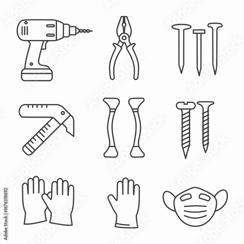 This modern icon set features essential construction tools like a power drill, pliers, various fasteners, and crucial safety gear for home improvement.