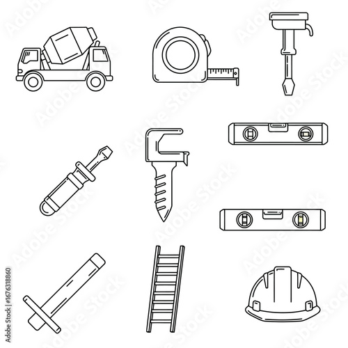 An organized collection of essential construction and building industry tools, featuring a cement mixer, measuring devices, and safety gear, depicted in a minimalist line art style.