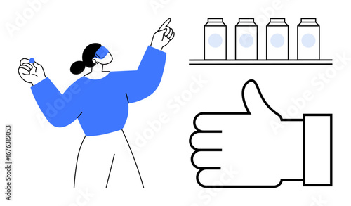 Woman pointing to products on a shelf while holding a small object, accompanied by a thumbs-up symbol. Ideal for decision-making, approval, e-commerce, consumer behavior, product rating, retail