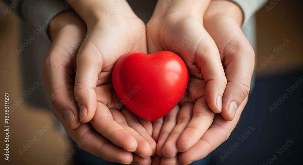 Fototapeta premium Hands holding a red heart, giving and receiving love, care, and support.