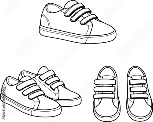 Velcro strap sneaker vector illustration, multiple views including side and top perspectives, casual footwear design, isolated on white background, cad drawing style
