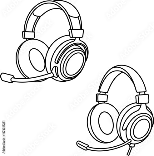 Over ear gaming headset with microphone, communication headphones, call center audio device, vector line art, black and white cad drawing illustration