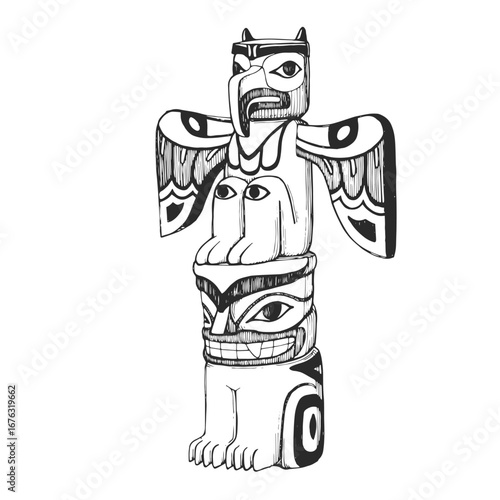 Vector hand-drawn illustration of a tribal totem. Black and white sketch of a Native American symbol.
