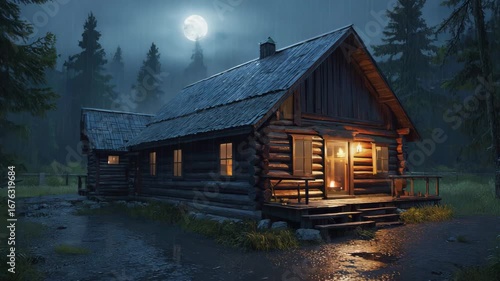 Rainy forest with cabin and glowing fireplace. Cozy nature animation for relaxation, meditation and calm background