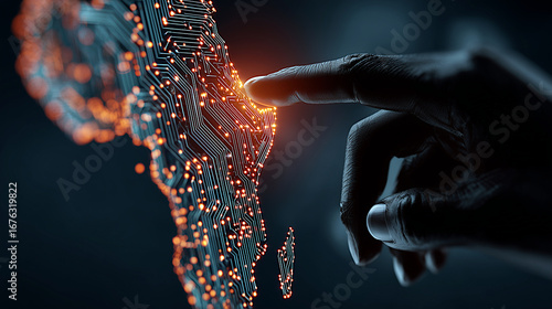 digital map of africa and hand of african scientist - concept of technological growth	