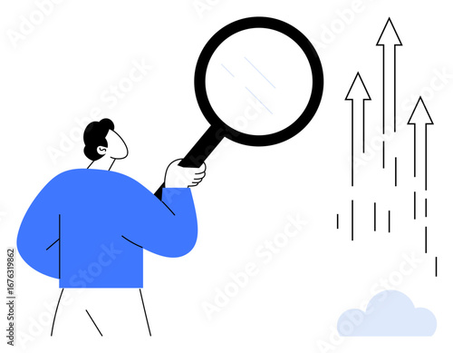 Person examining growth trends using a magnifying glass signifying observation, analysis, and progress evaluation. Ideal for business growth, research, planning, management, success, innovation
