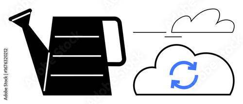 Black watering can, minimalist clouds with arrows indicating synchronization in blue. Ideal for growth, sustainability, environment, data storage, regeneration, resource management renewal. A simple