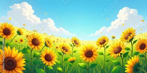A whimsical field of sunflowers playfully bending in the wind, creating a comical, almost cartoonish landscape Perfect for illustrating lightheartedness and summer fun , gold, outdoors, nature