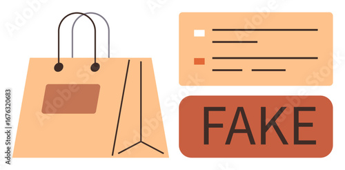 Shopping bag next to checklist and bold fake label highlights counterfeit goods and fraud detection awareness. Ideal for consumer education, e-commerce, safety, trust, quality assurance, retail