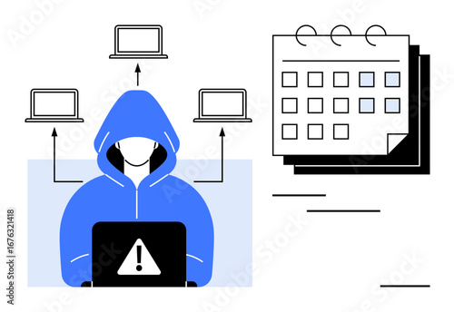 Hooded figure at laptop with alert icon, connecting to multiple devices and calendar symbol. Ideal for cybersecurity, hacking, scheduling, digital threats, technology crimes, network vulnerabilities