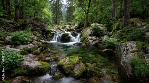 Crystal-clear mountain stream cascading over rocks, lush forest