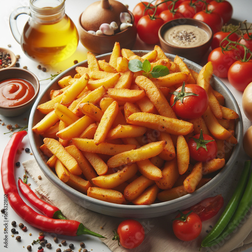 Crispy golden fries in a bowl with fresh tomatoes and sauces in vibrant colors for appetizing food