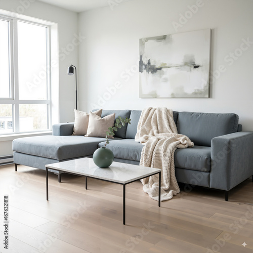 A modern living room with a gray sectional sofa topped with a crumpled blanket creates a cozy atmosphere against the light wood floor.