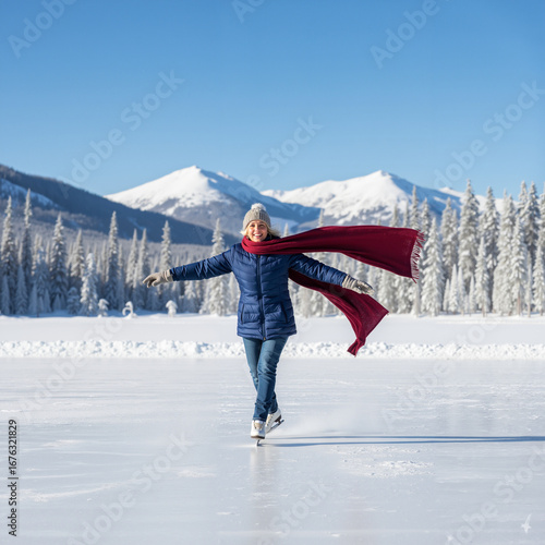 Joyful woman with open arms ice skating in snowy mountain landscape