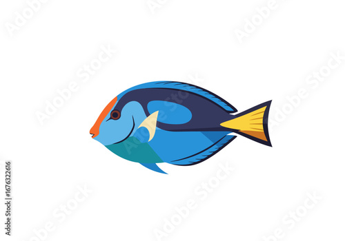 Vibrant blue tropical Blue Tang  fish with striking yellow and black markings. A colorful marine creature, ideal for aquatic designs and educational content