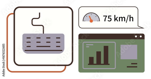 Keyboard input connected to a dashboard displaying speed meter reading and bar graph analytics. Ideal for technology, analytics, performance tracking, automation, dashboard interface, data