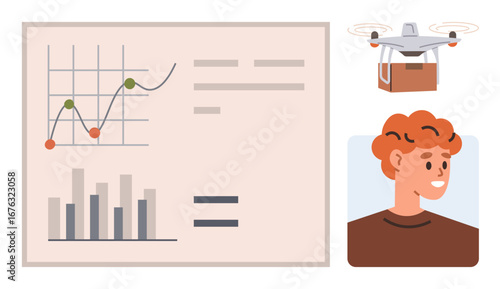 Analytical chart with graphs, flying Quadcopter carrying a package, profile of a person. Ideal for technology, data visualization, logistics, innovation, progress, business solutions growth concept
