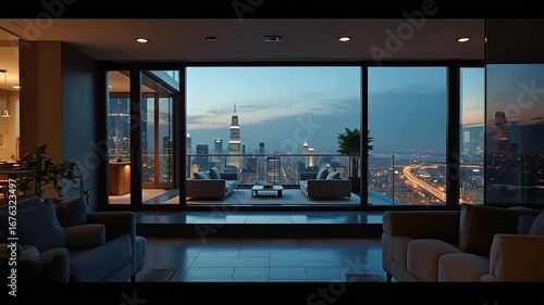 Experience the luxurious comfort of a modern penthouse suite with breathtaking city views, perfect for relaxation and upscale living lifestyle videos