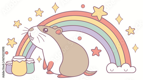 Delightful Bashful  Coypu in a Rainbow scene – Pastel Rainbow vector illustration
