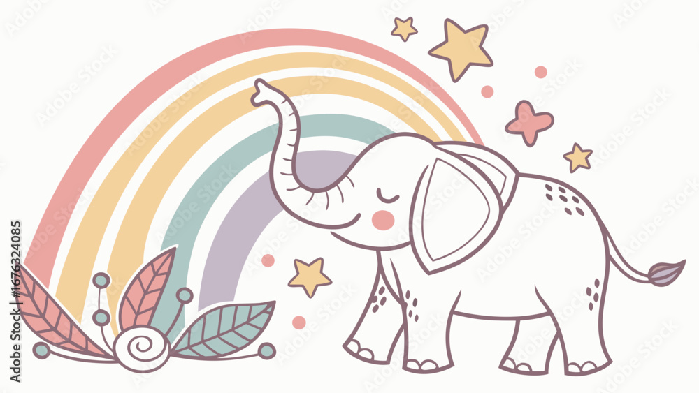 Naklejka premium Delightful Bashful African Bush Elephant in a Rainbow scene – Pastel Rainbow vector illustration