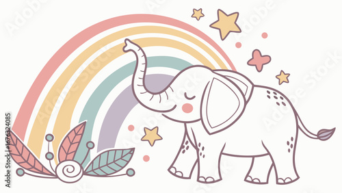 Delightful Bashful  African Bush Elephant in a Rainbow scene – Pastel Rainbow vector illustration