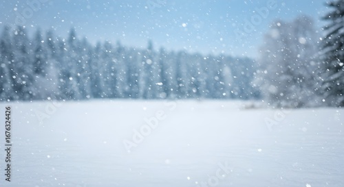 Wallpaper Mural Tranquil Snowy Forest Landscape with Falling Snowflakes and Frost-Covered Trees in a Peaceful Winter Scene – Serene Blue Sky Over a Pristine White Field Surrounded by Snow-Laden Woods Torontodigital.ca