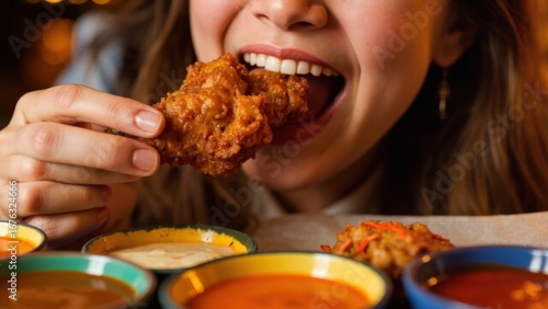 Woman eating fried chicken with various sauces