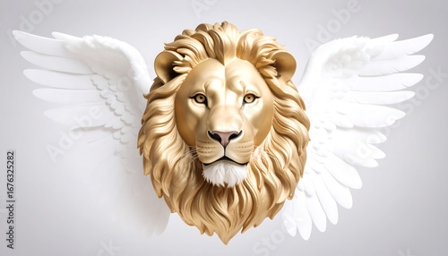 Majestic lion head with golden mane and white wings set against a soft gray background