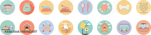 Set of 16 pastel pet care icons in circular badges