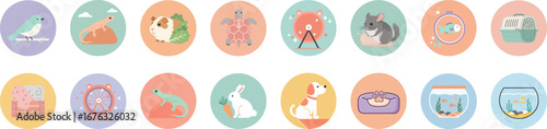 16 playful pet-themed icons in round badges with pastel colors
