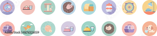 Set of 16 pastel round badge icons featuring pets, objects, and scenes