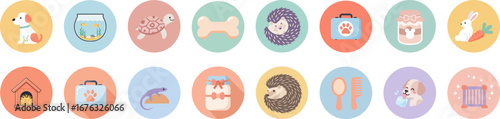 Set of 16 circular pet care icons in pastel colors with cartoon style