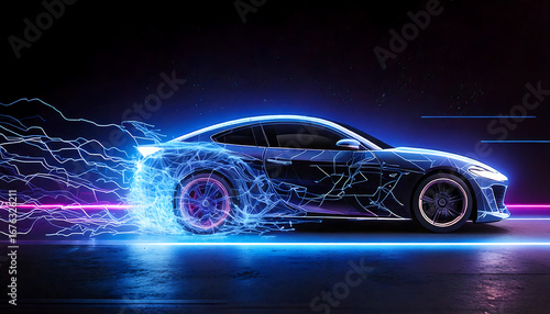 The sport car is composed of illuminated blue lines and points, with radiant light