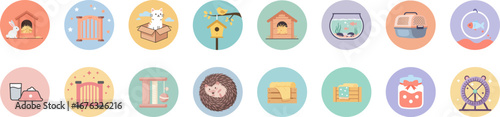 Set of 16 pet-themed icons in round badges with pastel colors